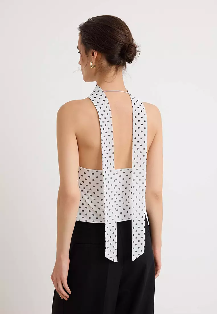 Multi-Colored Polka Dot Pack Fitted Halter Neck Tie-Detail Accessory Detail Tulle Knitted Blouse Twoss26Bz488