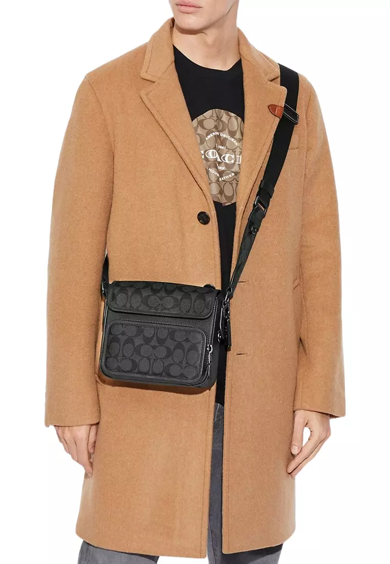 Mens Sullivan Flap Crossbody Bag In Signature Canvas - Charcoal Black