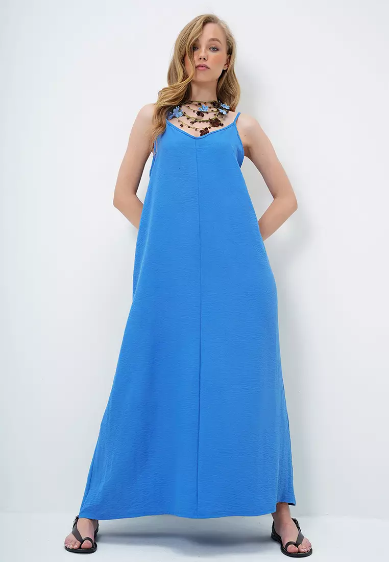 Women's Indigo Blue Adjustable Strap V-Neck Aerobin Summer Dress Alc-X14067