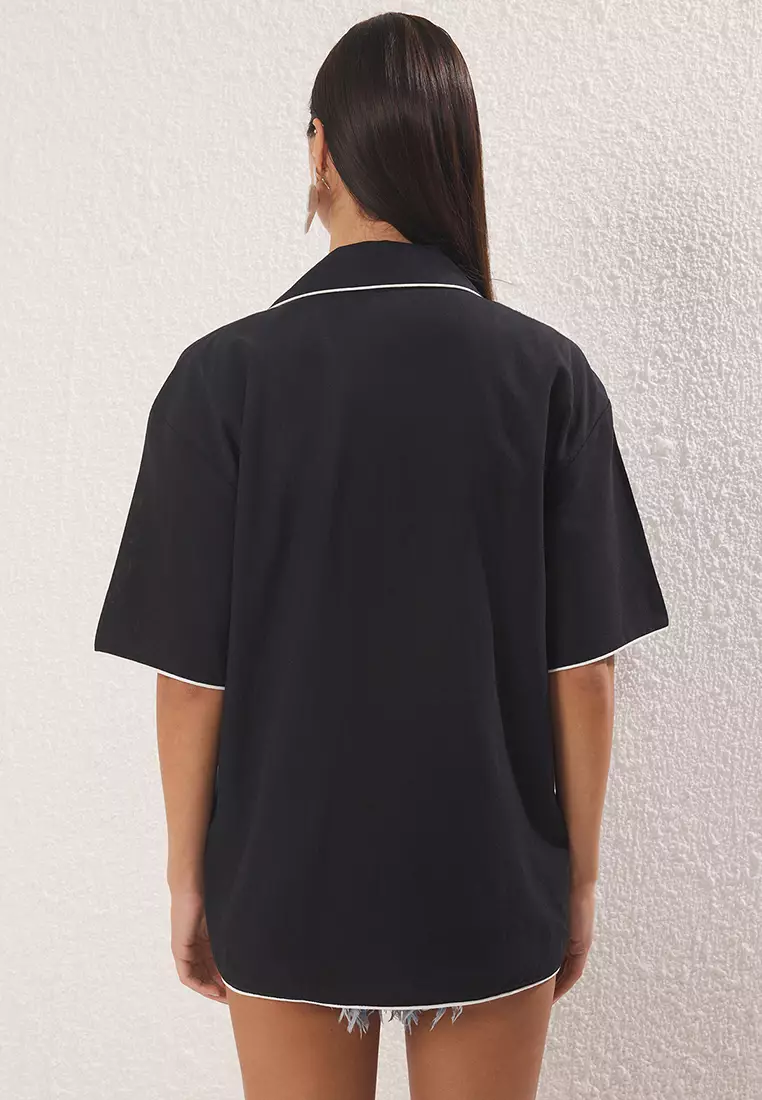 Black Woven Lacing Detailed 100% Cotton Beach Shirt Tbess25Go00025