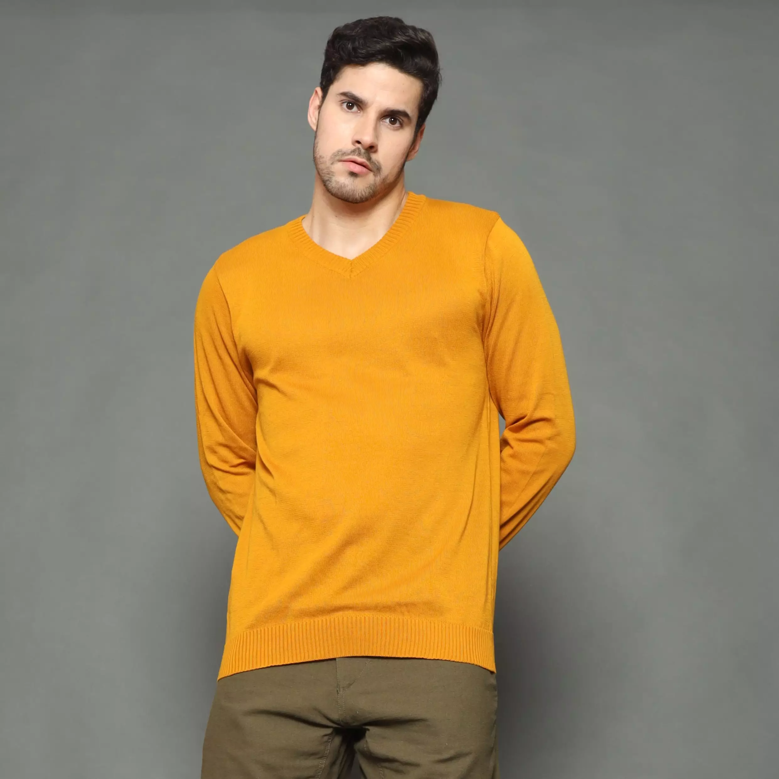  Vleur Knit Outer Pria Korean Style Sweater V Neck - CARAMEL