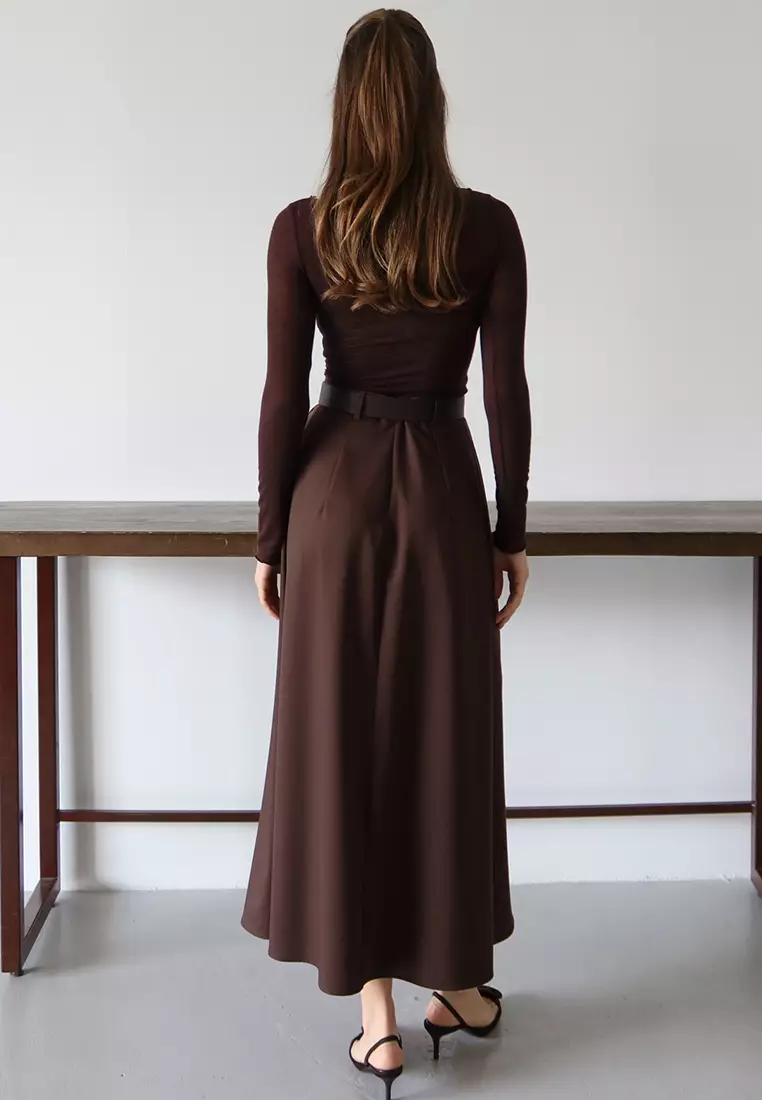 Dark Brown Belted Bell/A-Line Woven Long Maxi Skirt Twoaw26Et168