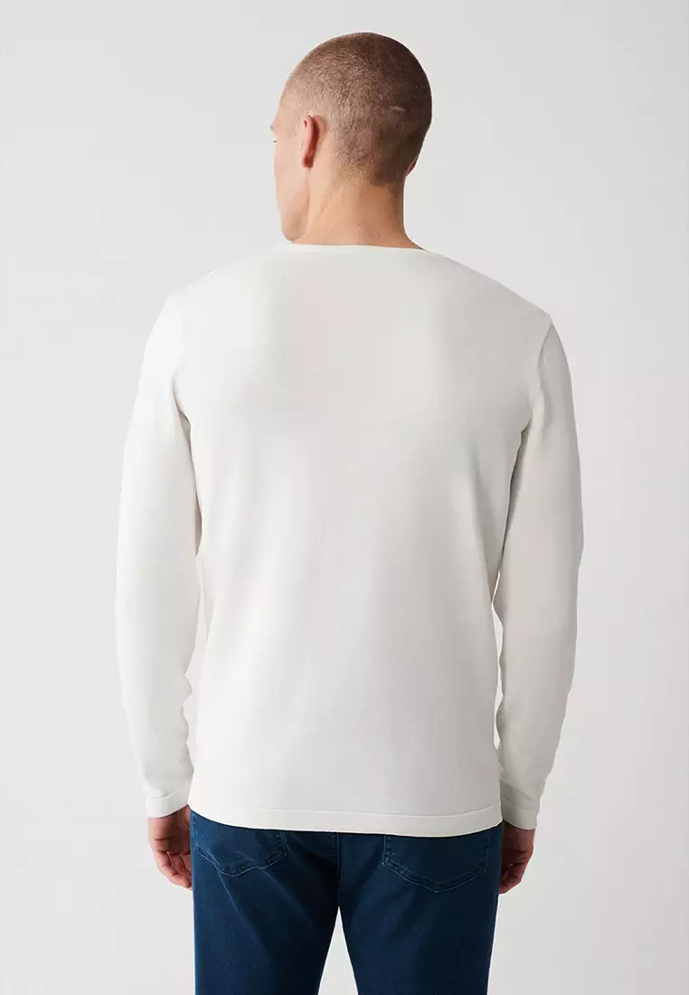 Men's Ecru Crew Neck Printed Rayon Knitwear Sweater A32Y5033