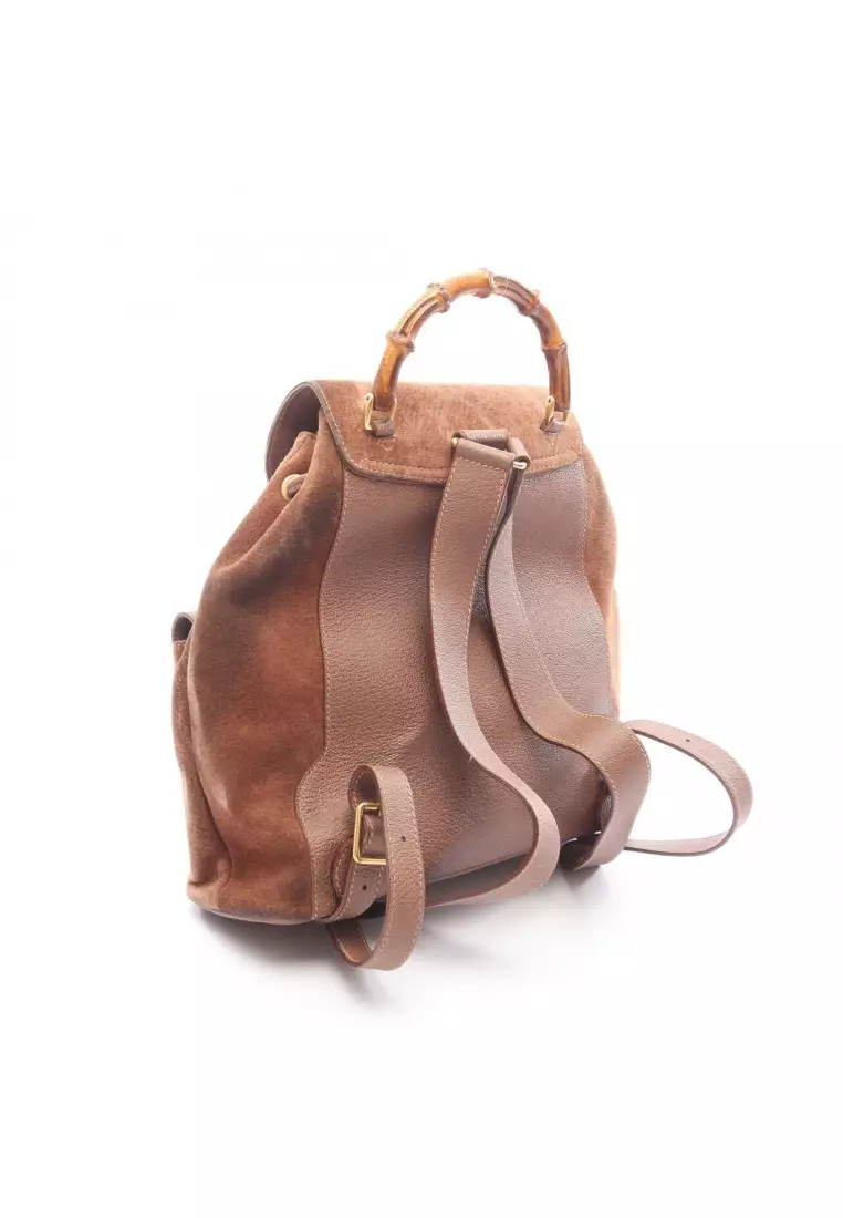 Pre-Loved Gucci Bamboo Backpack rucksack suede leather Brown