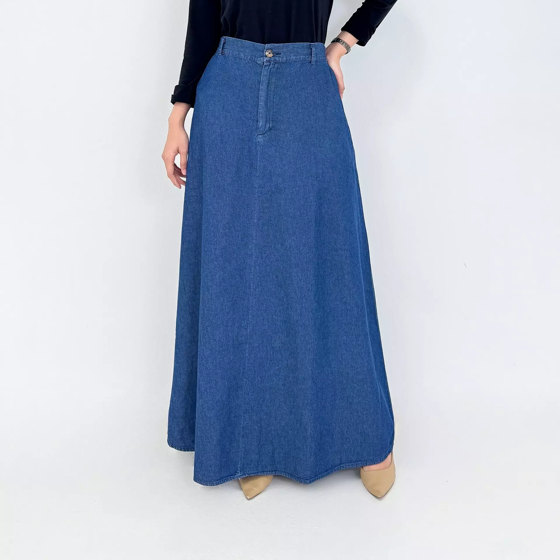 Rok Maxi Panjang Wanita - Salsabila Flare Denim Skirt