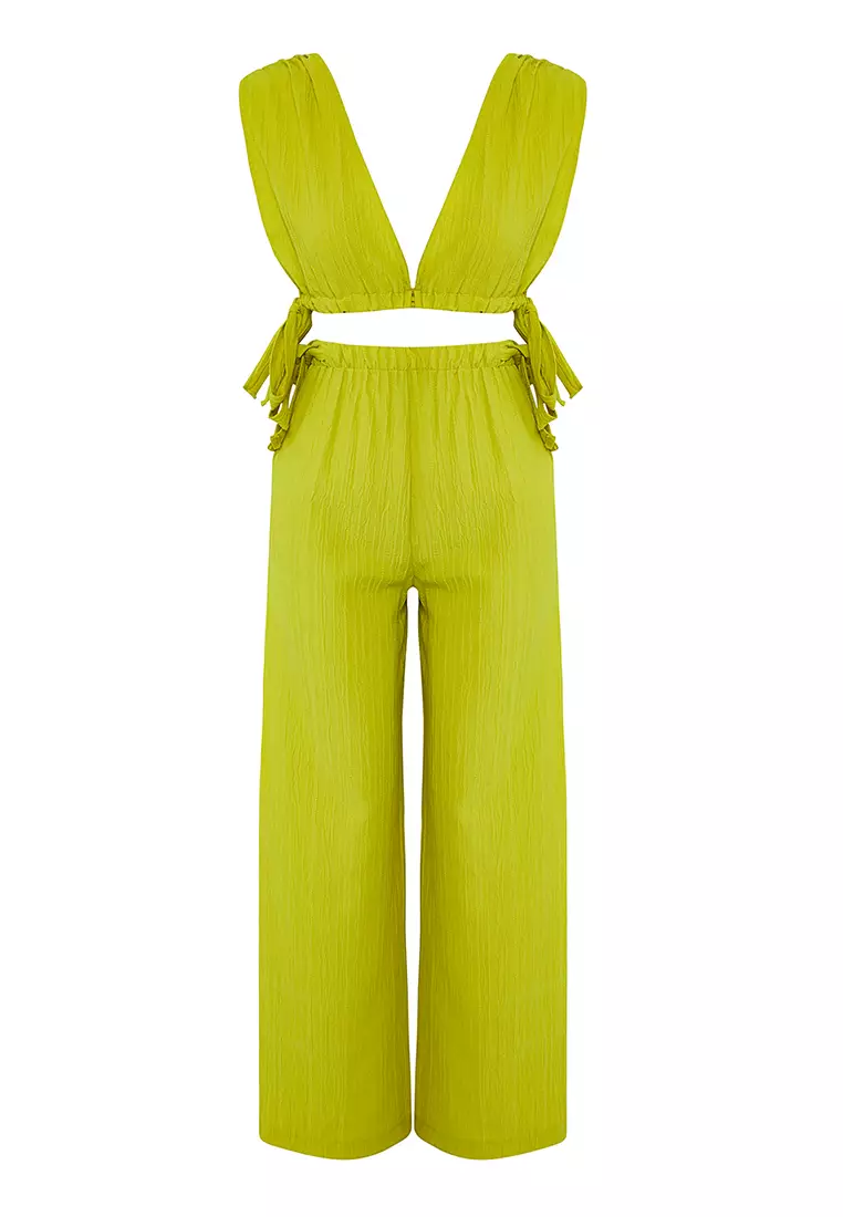 Oil Green Woven Binding Detailed Deep V Neck Beach Blouse Pants Suit Tbess25Au00088