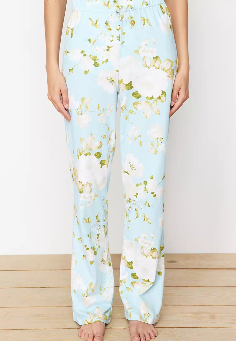 Blue 100% Cotton Floral Patterned Knitted Pajama Set