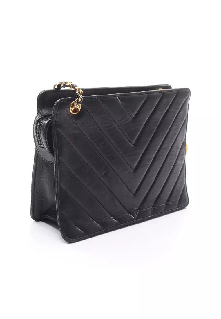 Chanel Vintage Chanel Black Vertical Stitch Leather Shoulder Bag with