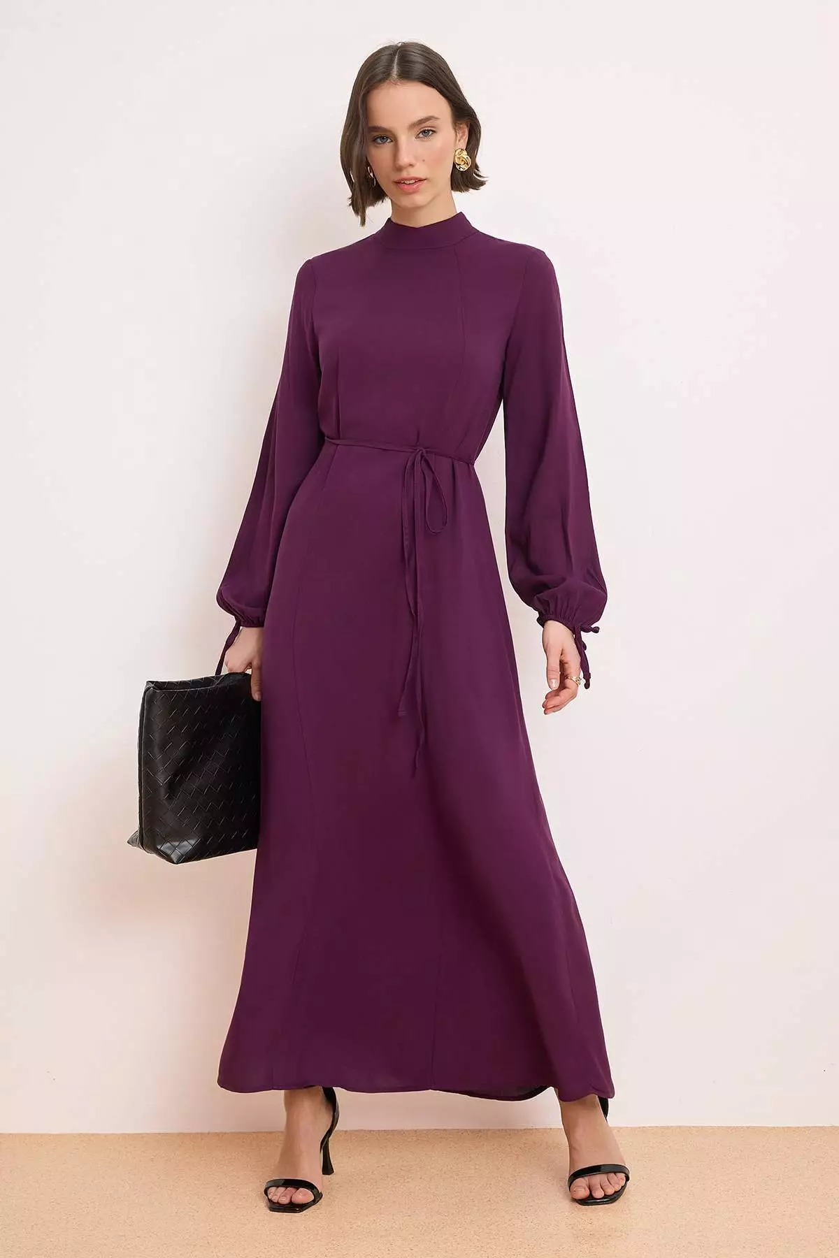 Purple Unlined Cool Fabric Plain Woven Shally Hijab Dress Tctss26Eb00102