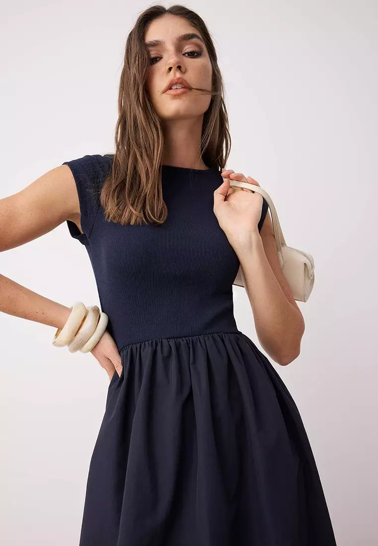 Navy Blue Elastic Ribbed Top And Wide Bottom Terrycotton Contrast Woven Dress
