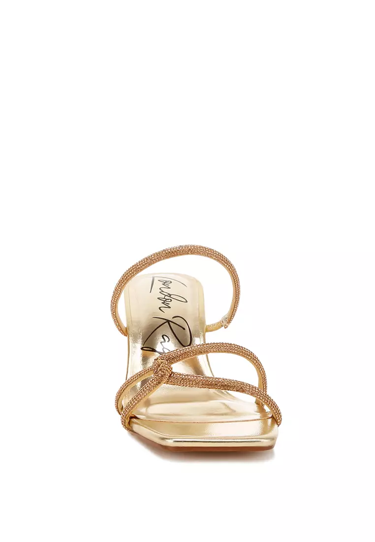 Rhinestone Block Heel Sandals in Gold