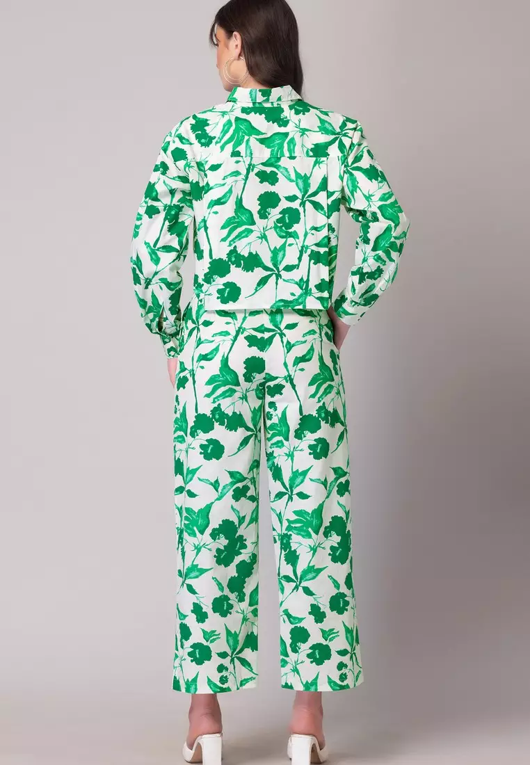 White And Green Floral Print Cotton Top And Pants Co-ord Set