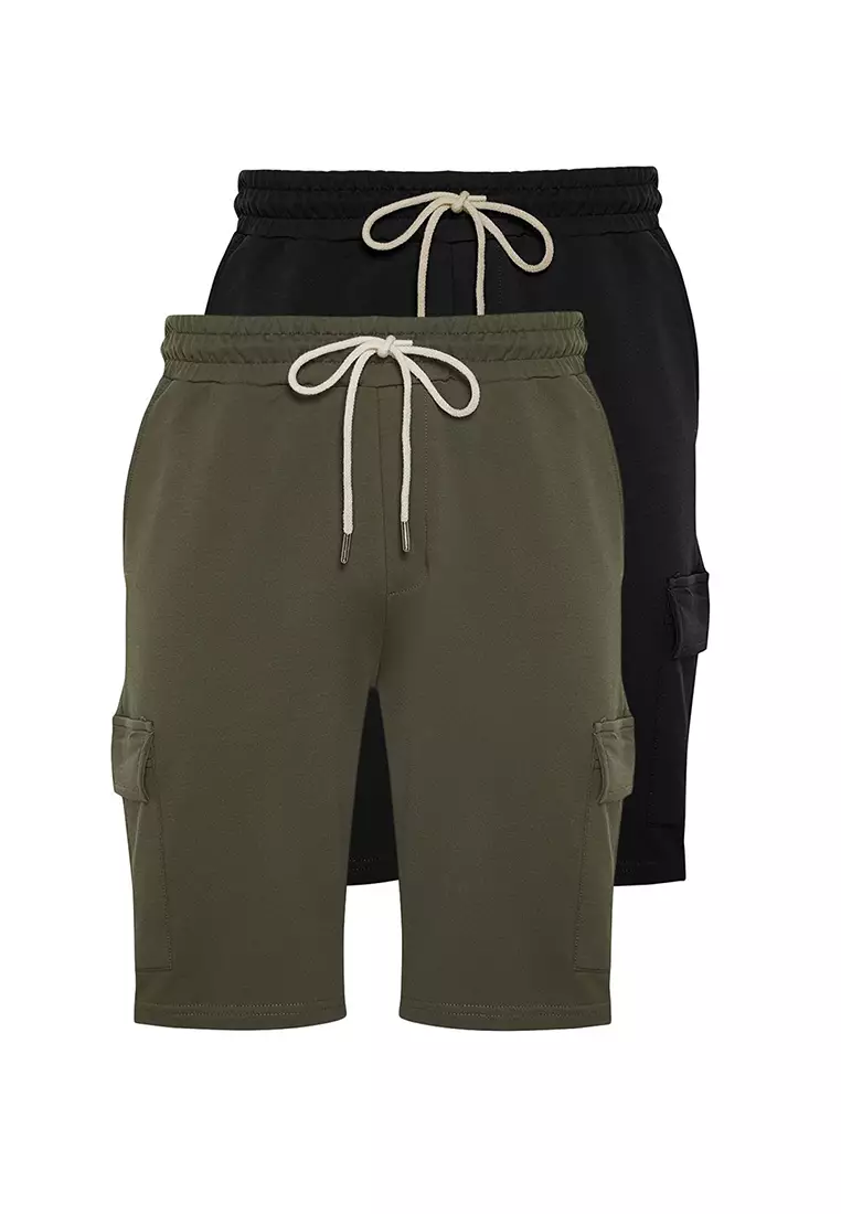 Basic Black-Khaki 2 Pack Regular Cut Cargo Pocket Drawstring Elastic Waist Shorts TMNSS24SR00041