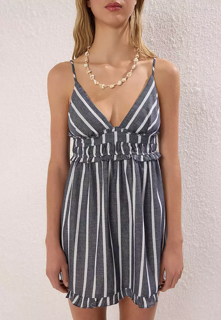 Navy Blue Striped Midi Woven Flared Cotton Beach Dress Tbess25El00148