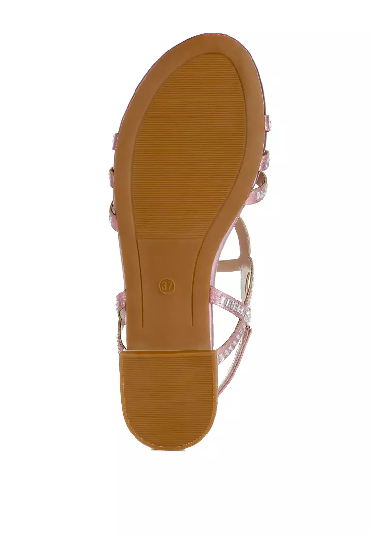 Sandal Datar Berlian Imitasi Detail Potongan Warna Pink