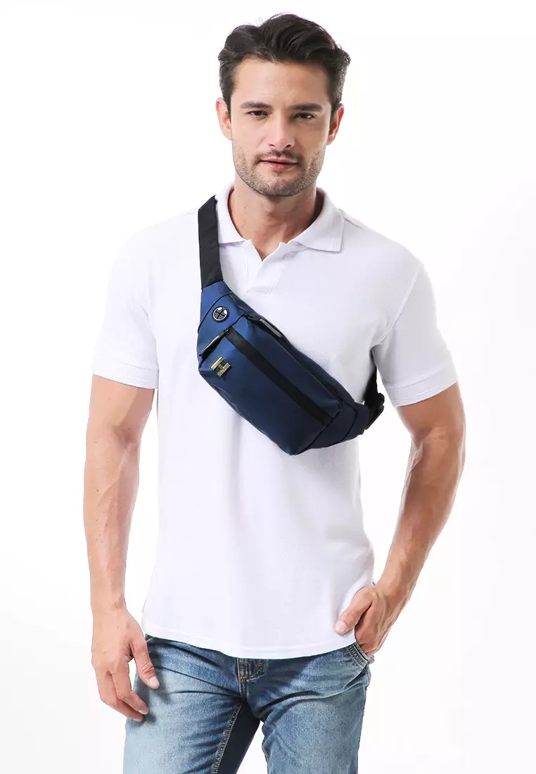 Roger Tas Selempang Pria Tahan Air Waistbag with Hole for Earphone Material Oxford ORIGINAL - Blue