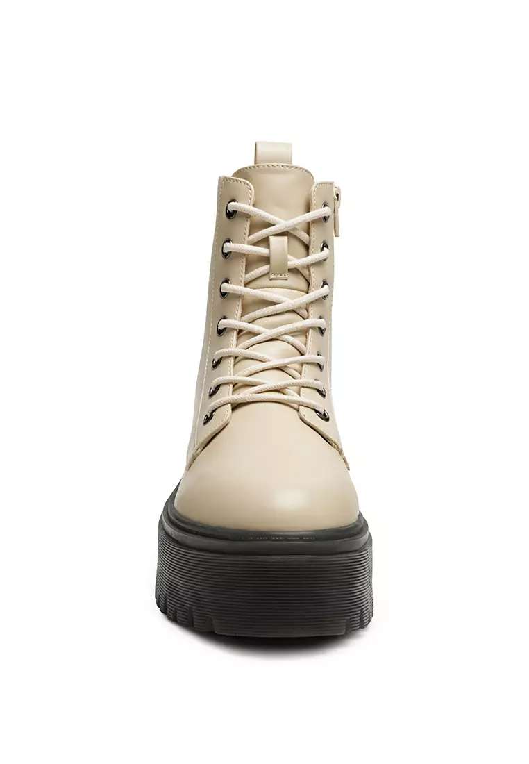 Lace-up Lug Sole Ankle Boots in Beige