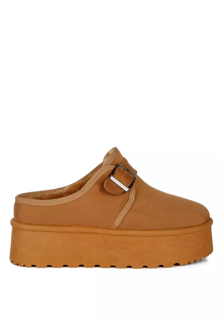 Discount on London Rag  shoes - SKU: Buckle Strap Fur Platform Classic Slip-On in Tan