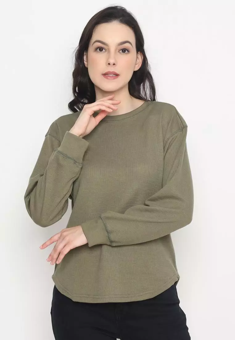 MATSUDA Kaos Polos Wanita Waffle Lengan Panjang Cotton Liv