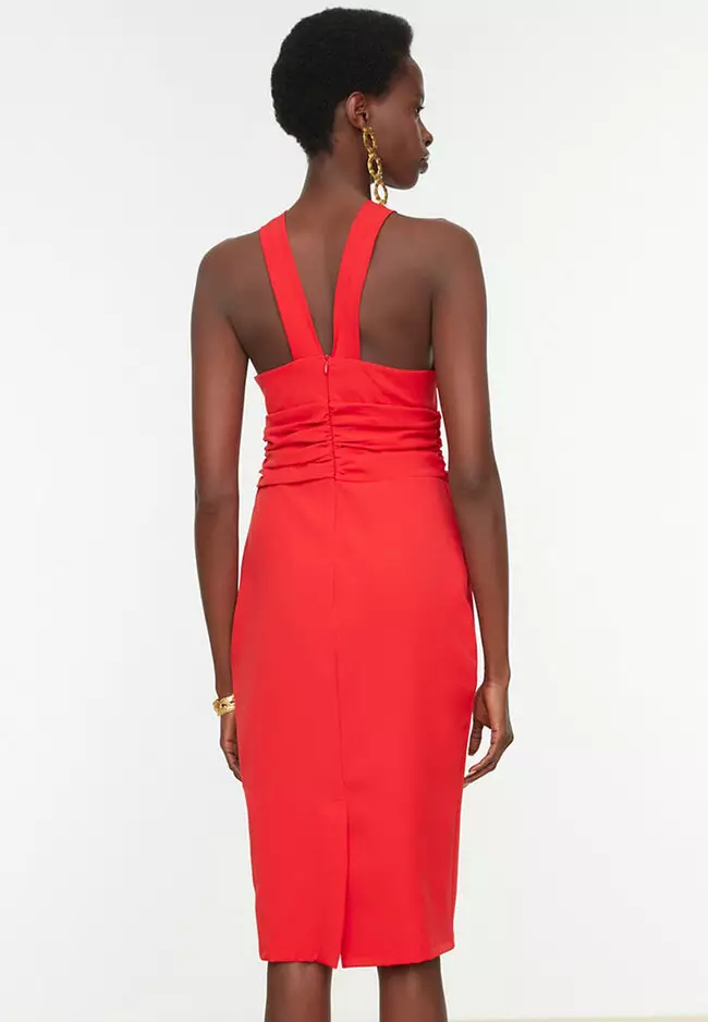 Red halter store neck midi dress