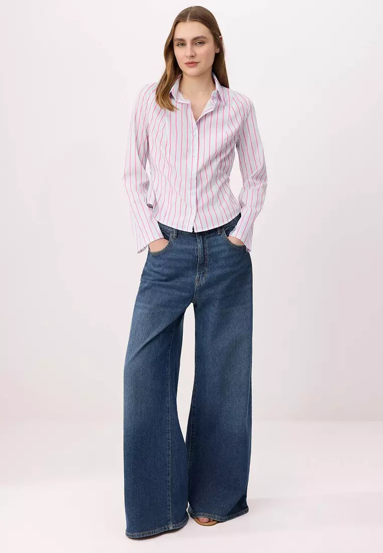Pink-Blue Striped Waist Adjustable Lightweight Waist-Fitting Wide Sleeves Shirt Twoaw26Go13