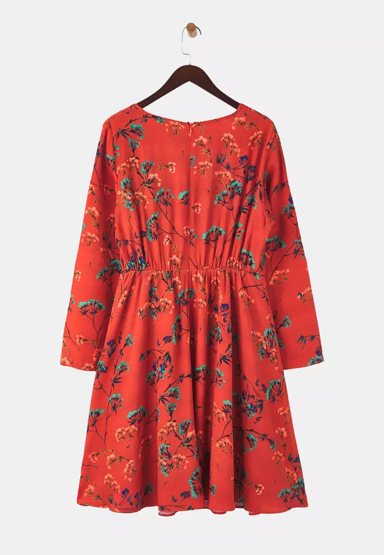 Burgundy Sweetheart Neck Floral Short Woven Plus Size Dress