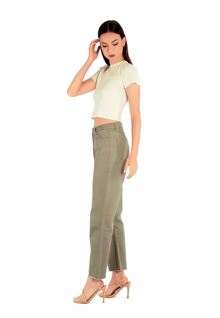 Buy London Rag Olive Cotton Wide Fit High Waist Trousers Online
