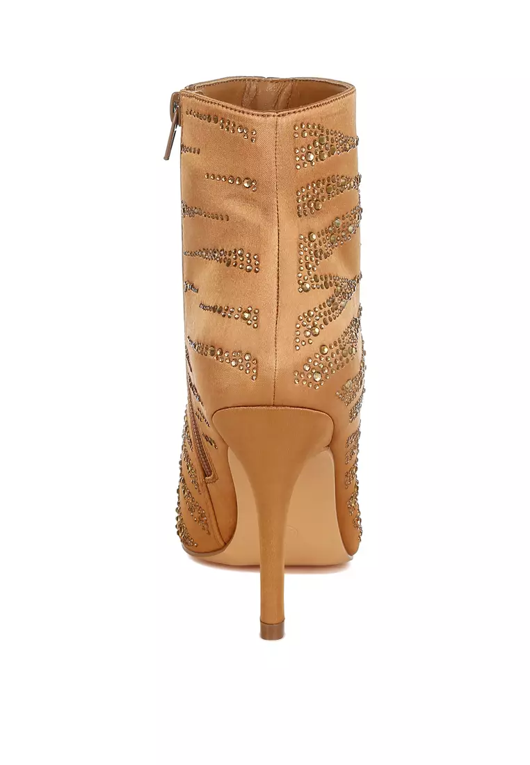 Sepatu Bot Pesta Satin Rhinestone Ankle Warna Coklat