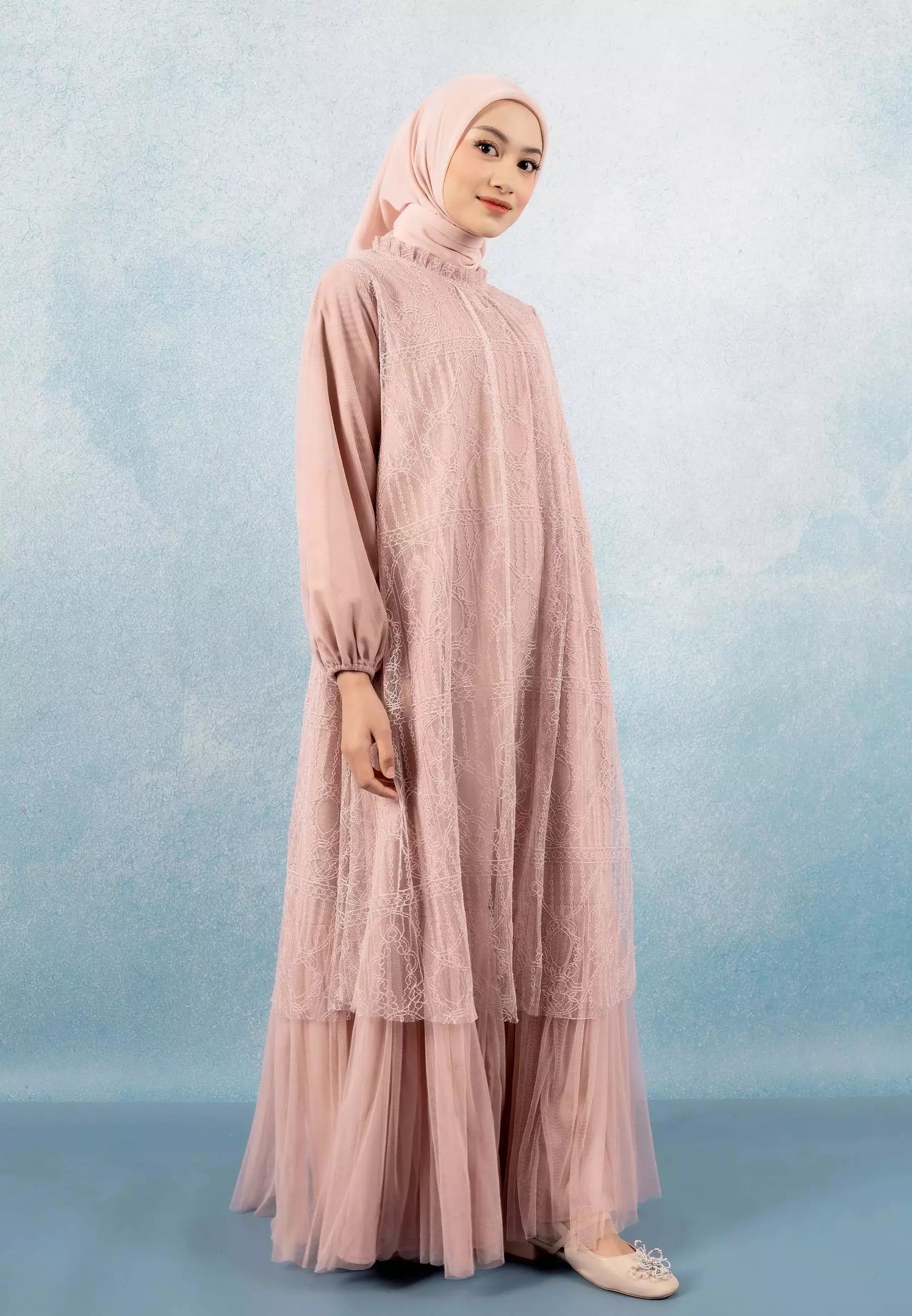 HijabChic Syahira Pink Nude Dress - Dress Brukat Tulle Elegan Best Seller