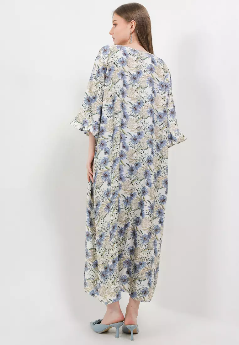 Ruffle Sleeve Printed Sateen Maxi Dress