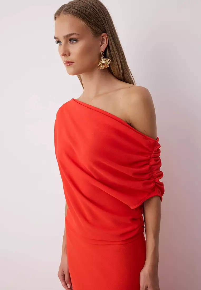 Red A Line Boat Neck Midi Stylish Dress