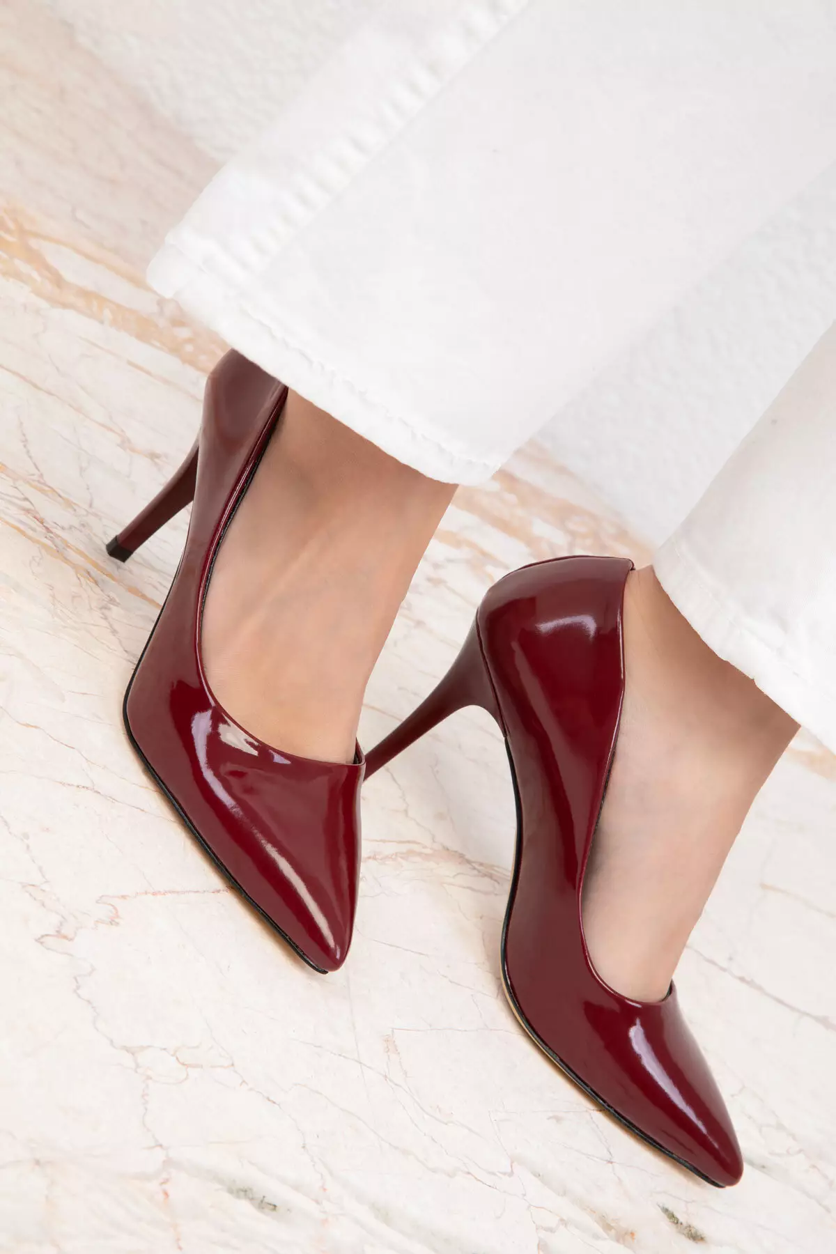 Claret Red Patent Leather 19550 Model Classic Women's Heeled Shoes