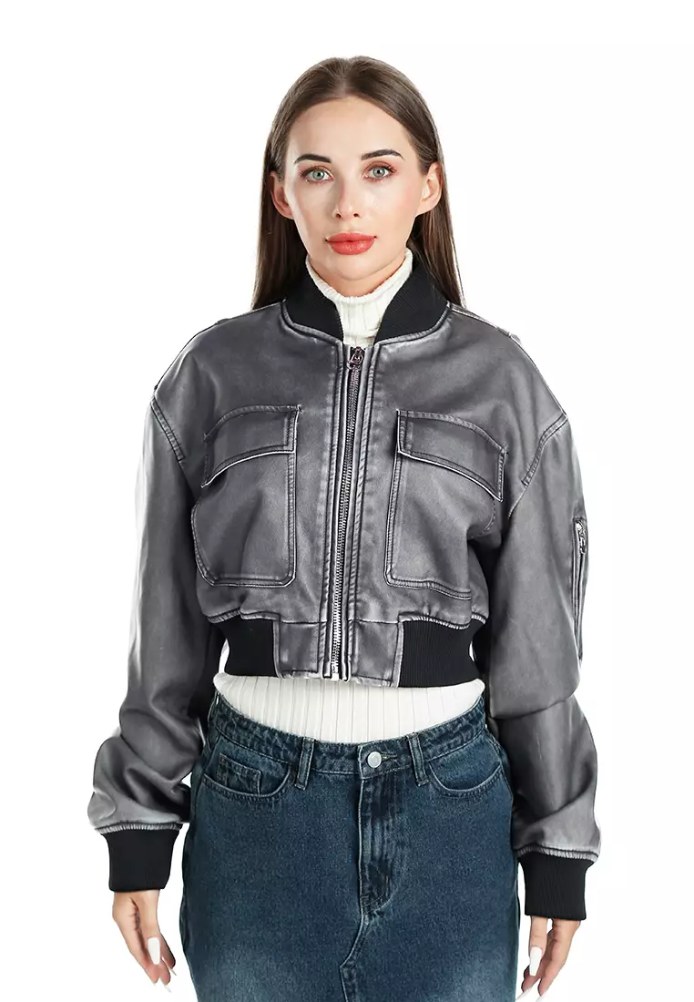 Jaket Lengan Panjang dengan Kantong Lipat Warna Charcoal