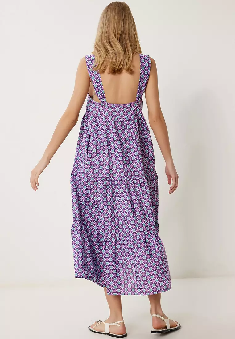 Women's Purple Patterned Flounced Summer Dress Fk00024