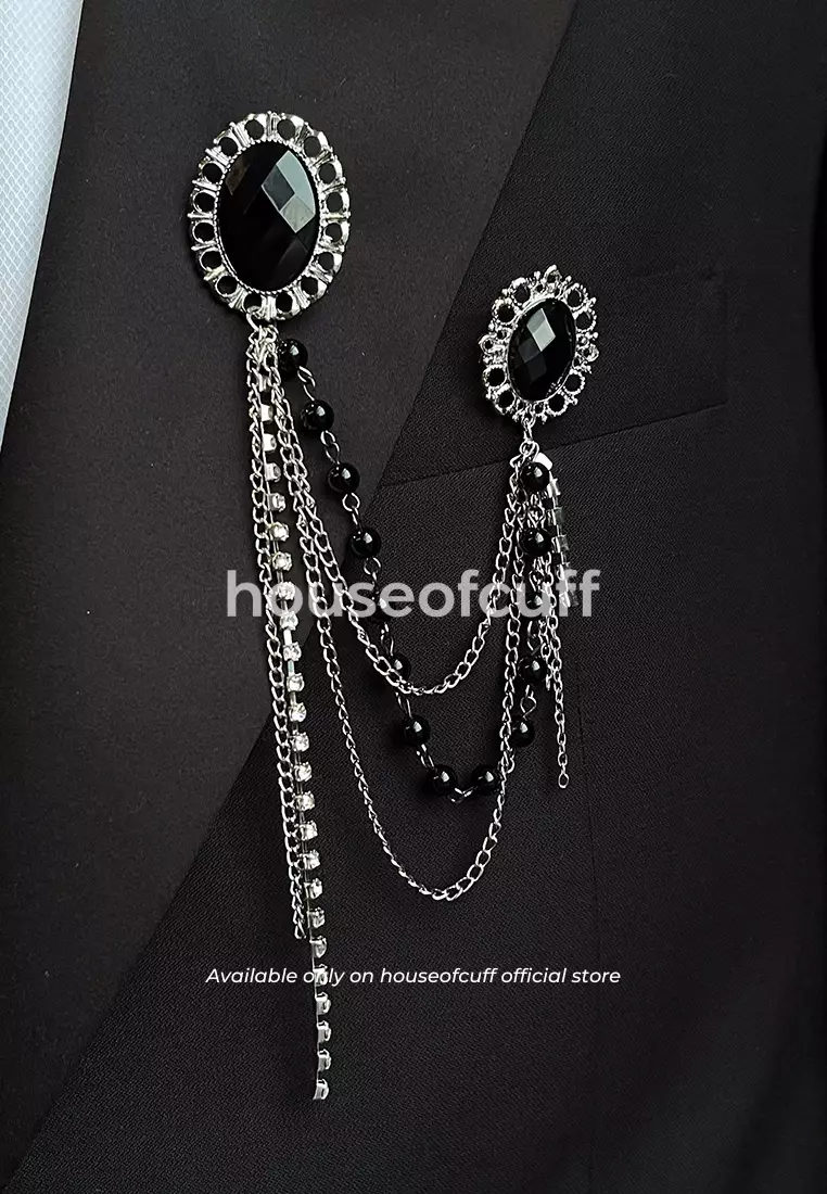 houseofcuff lapel pin brooch rantai jas pria silver black stone
