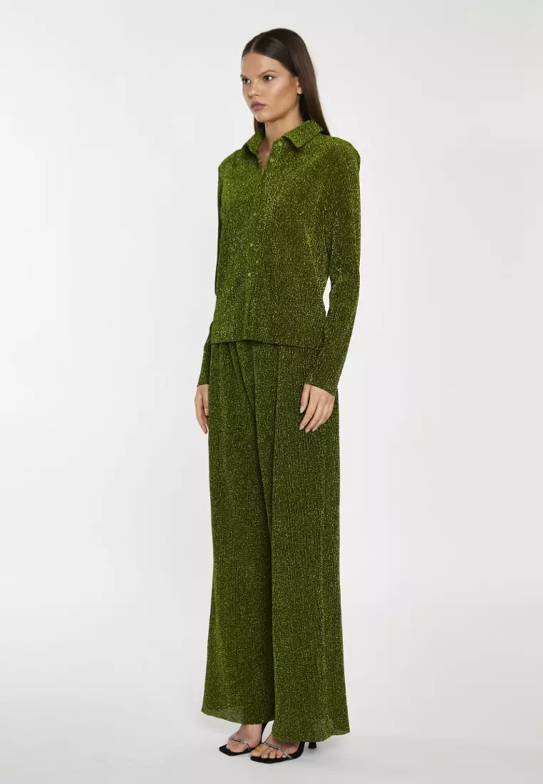 Wide Leg Plisse Trousers with Elasticated Waistband