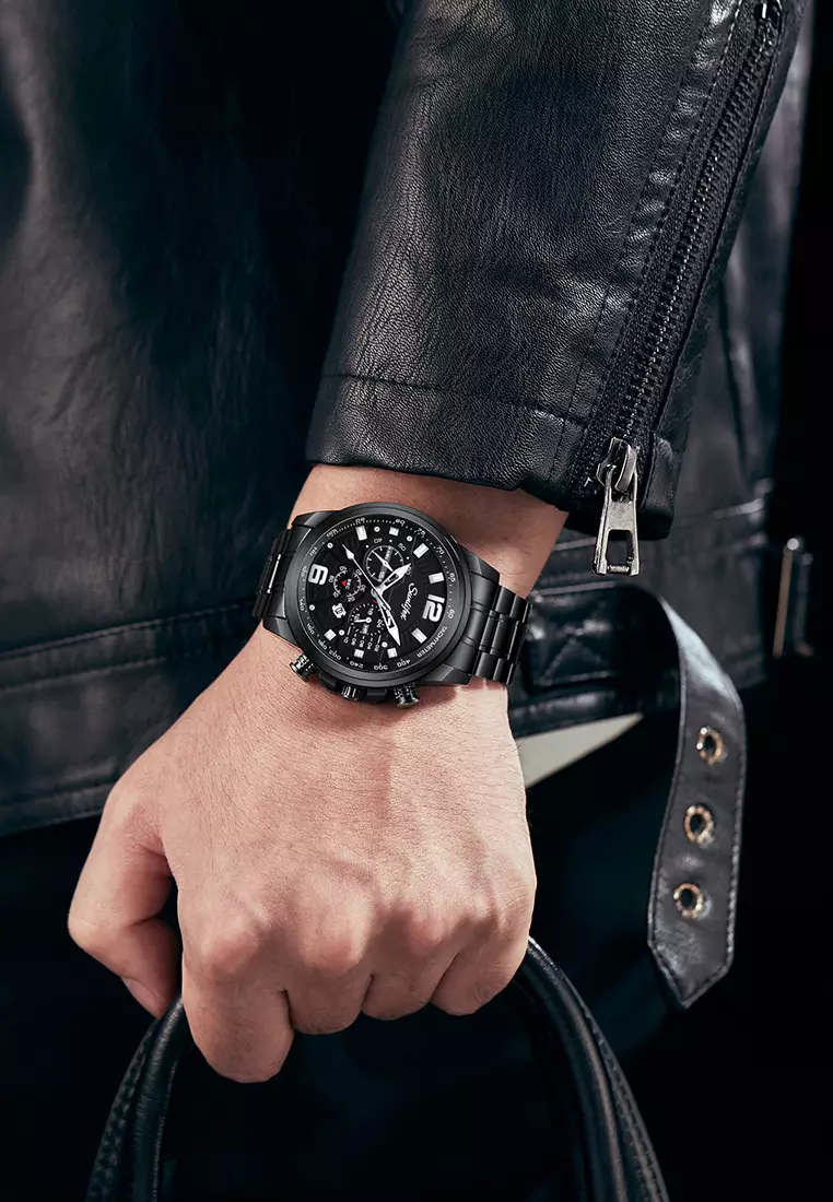 Jam Tangan Pria 9033 Kalender Kasual Kemewahan Tali Stainless Steel Anti Air Jam Tangan Cowok allblack