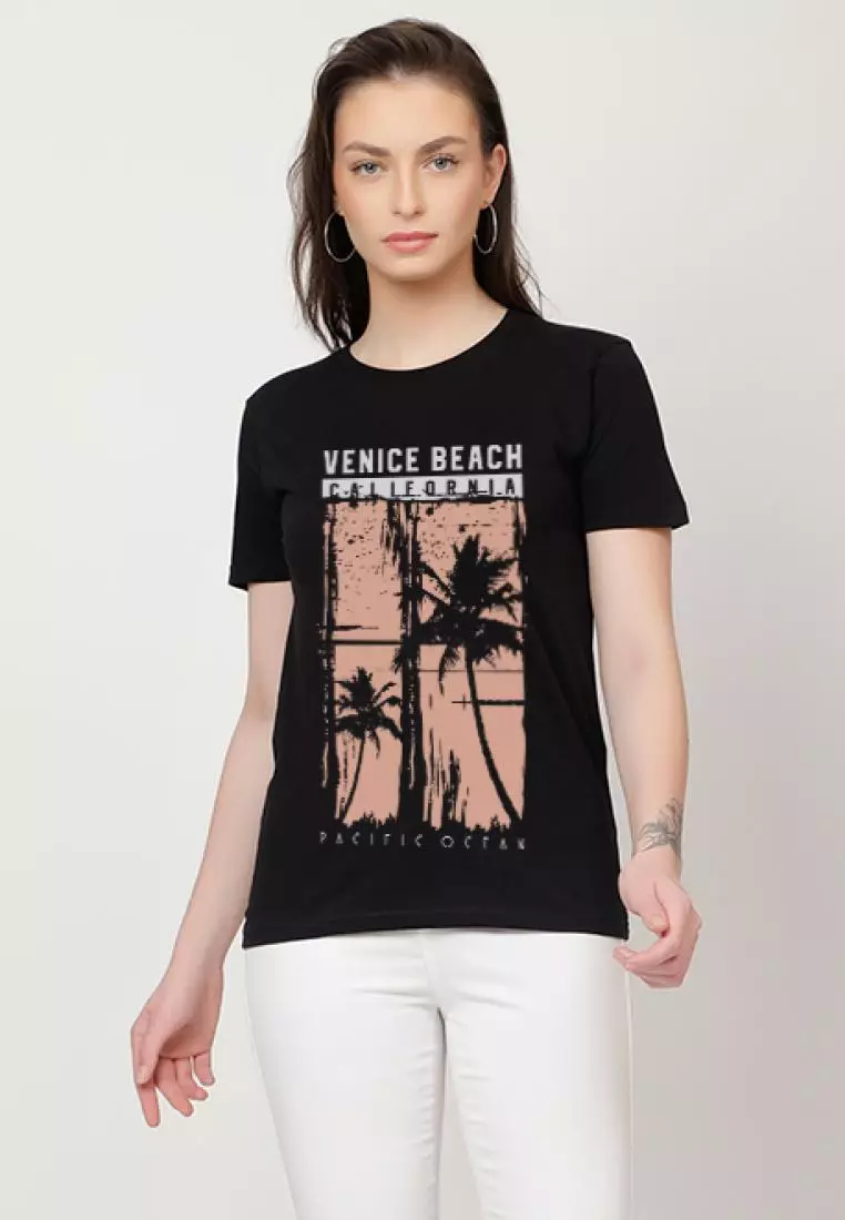 Venice Beach Relaxed Short Sleeve Stylish Black Cotton Casual Graphic Print Tee/TShirt
