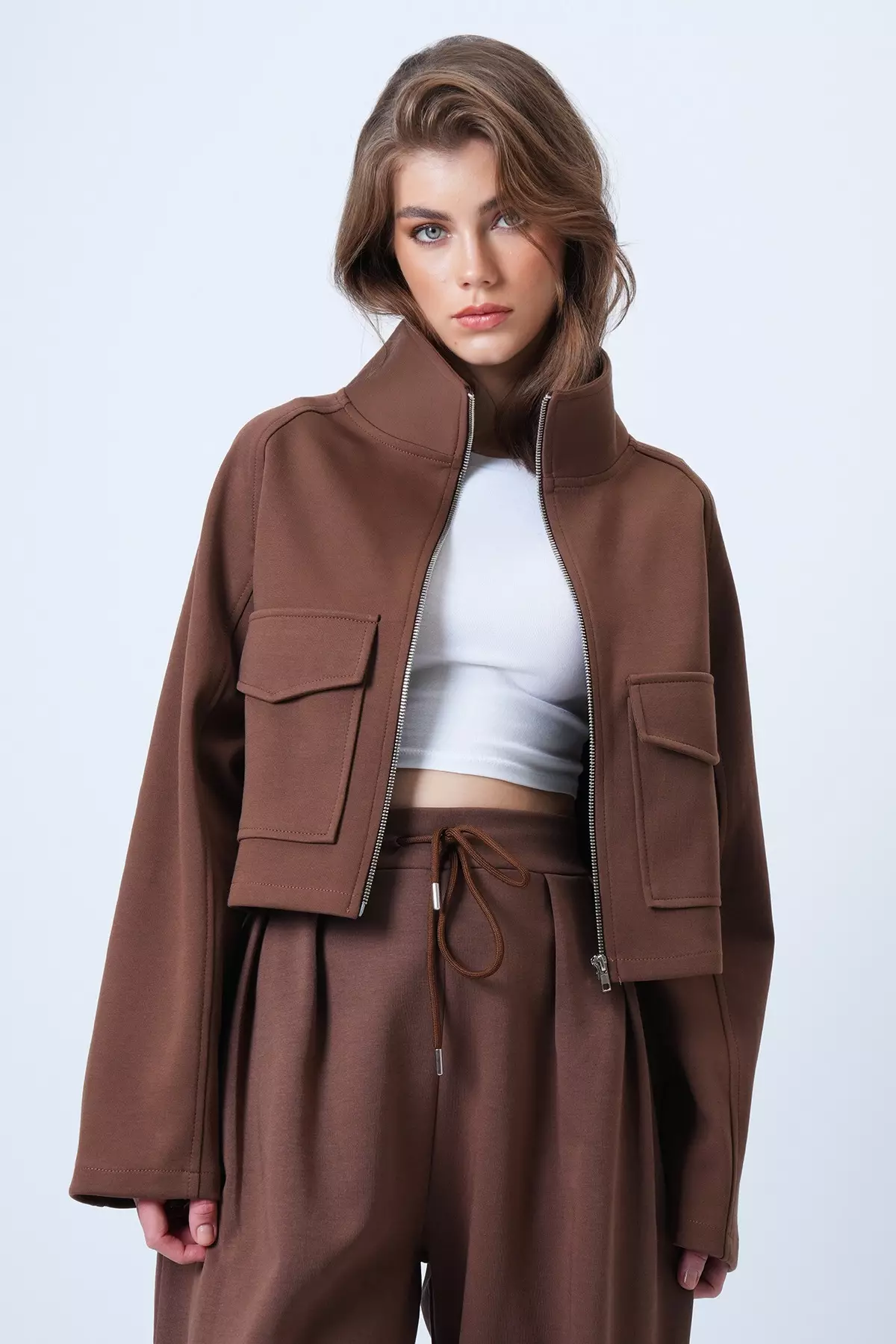 Women'S Brown Stand Collar Double Pocket Raglan Sleeve Jacket Alc-X14409