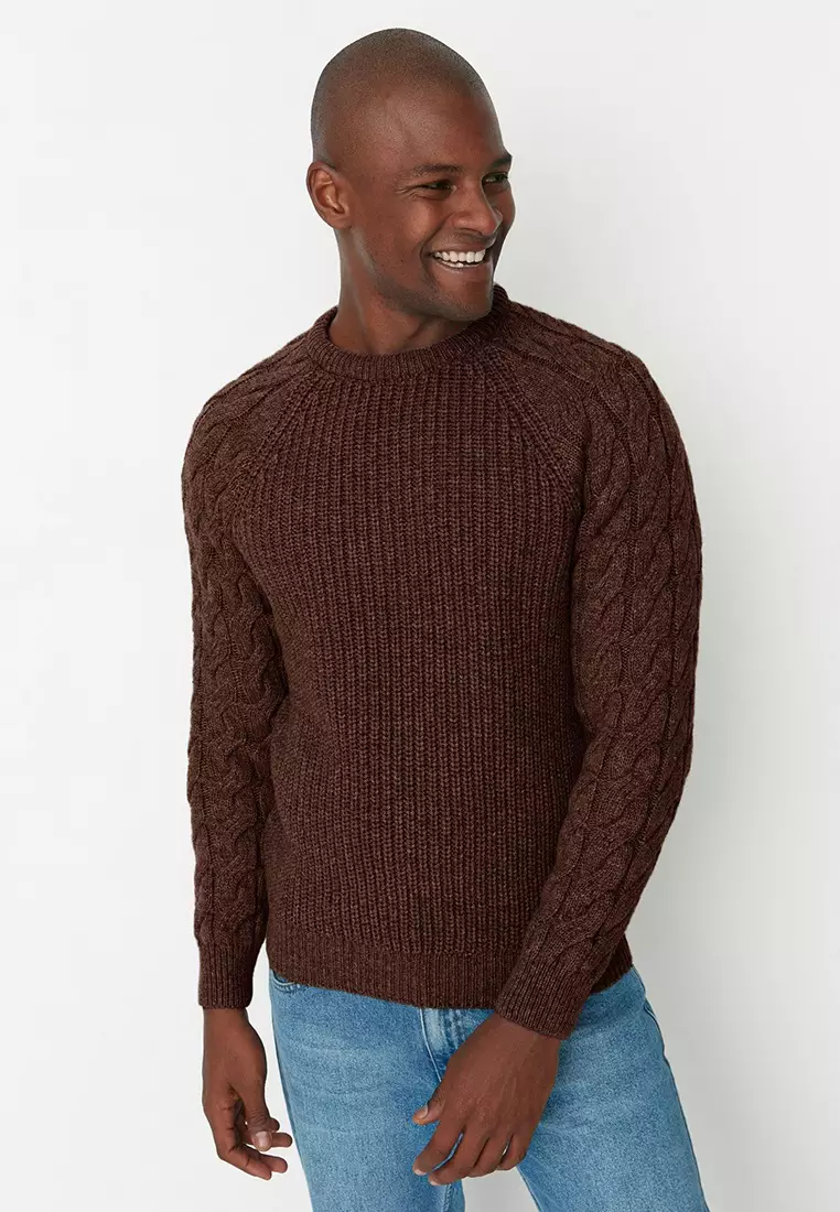 Brown Casual Unisex Regular Fit Crew Neck Wool Knitted Sweater TMNAW22KZ2059