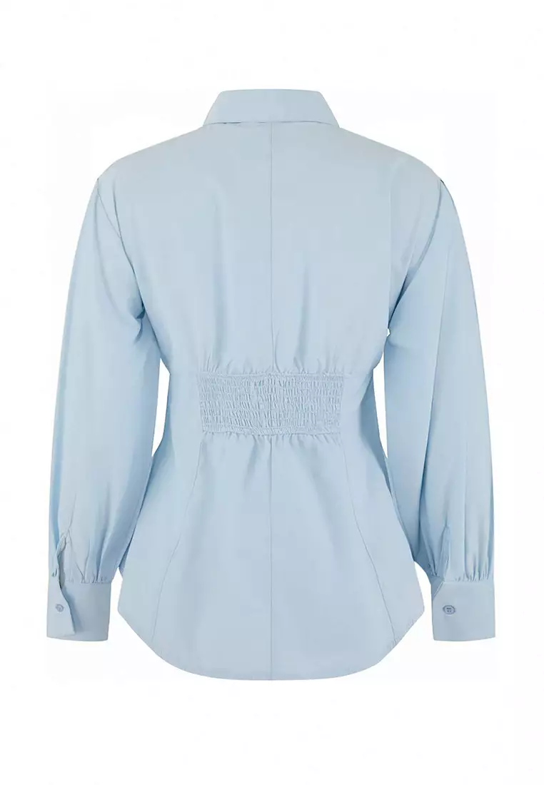 Light Blue Fitted Balloon Sleeve Fitted/Waist-Fitting Cotton Pack Shirts Tctss26Tg00015