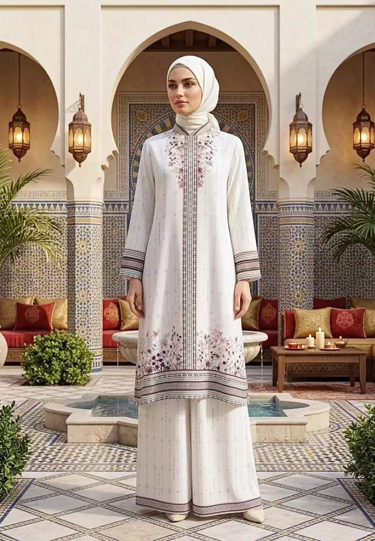 Tunik Panjang Muslimah Kekinian Motif Etnik Border (Dijual Terpisah) In Broken White By Brilliant Girl Warna TUNIK