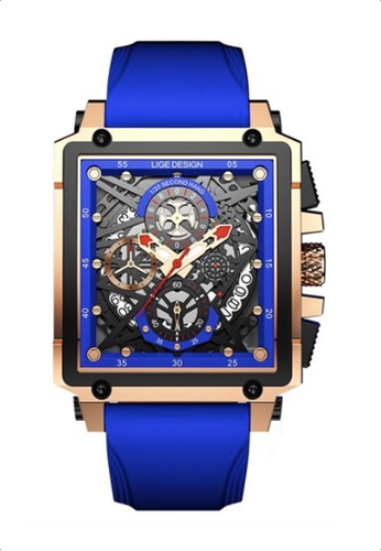 LIGE blue and gold LIGE Skeleton Unisex IP Pink Gold Color Stainless Steel Chronograph Quartz watch 42mm W x 45mm H on Blue Rubber Strap 7C3B5ACBC78348GS_1