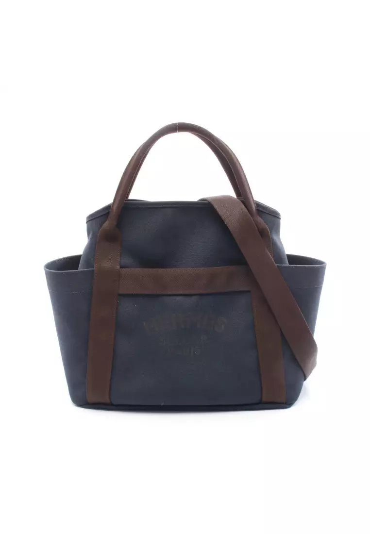 Pre-Loved Hermès  SAC DE PANSAGE groom Handbag tote bag toile military toile chevron Navy Dark brown silver hardware 2WAY Z stamp