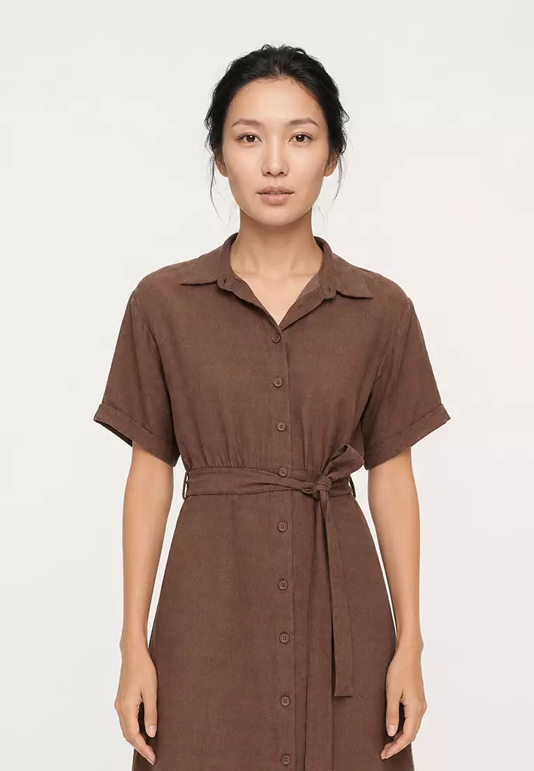 Shirt Collar Belted Short Sleeve Red Midi Summer Dress F2113Ax25Sm