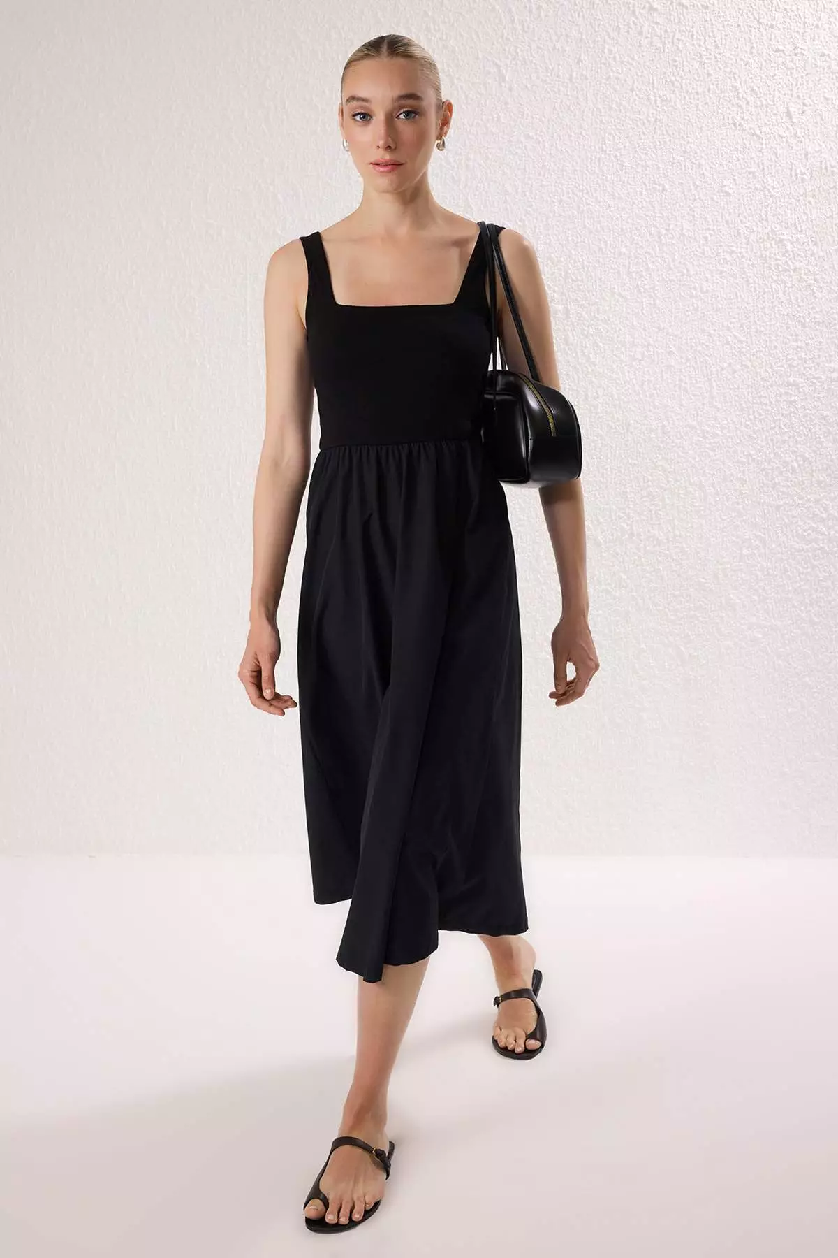 Black Skirt Waist Opening Top Stretchy Knitted Midi Dress