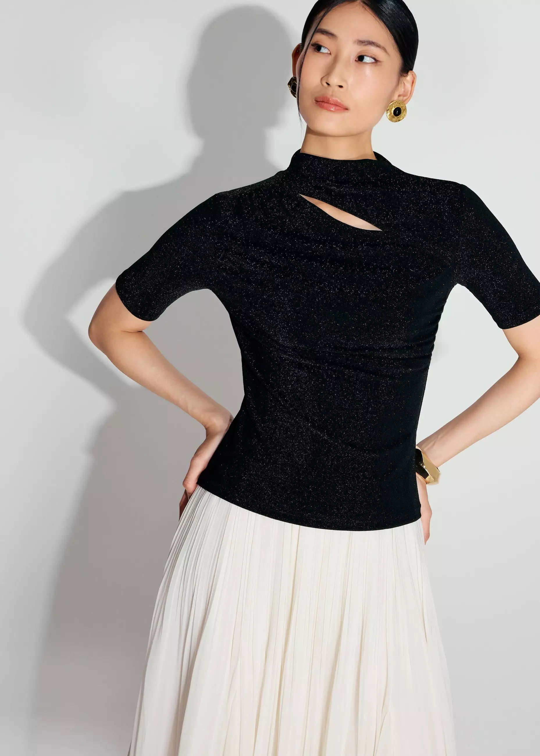 Atasan Wanita - Lurex Jersey Cut Out Mock Neck Fitted Top