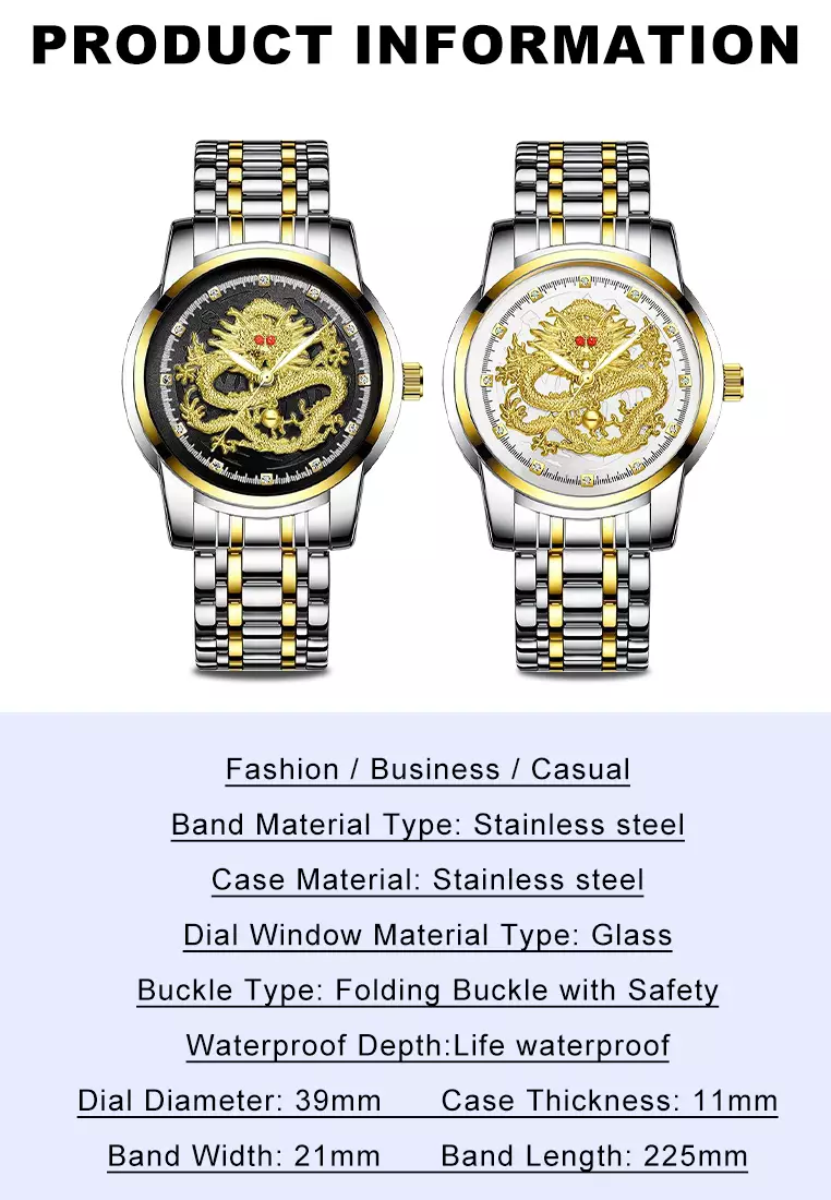Jam Tangan Pria 9002 Naga Emas Stainless Steel Quartz Original Dragon Gold Kuning Jam Tangan Cowok white