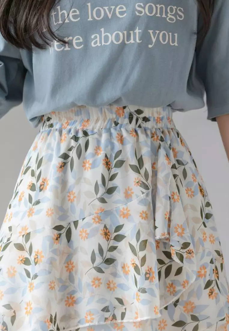 Floral Printed Ruffle Chiffon Skirt