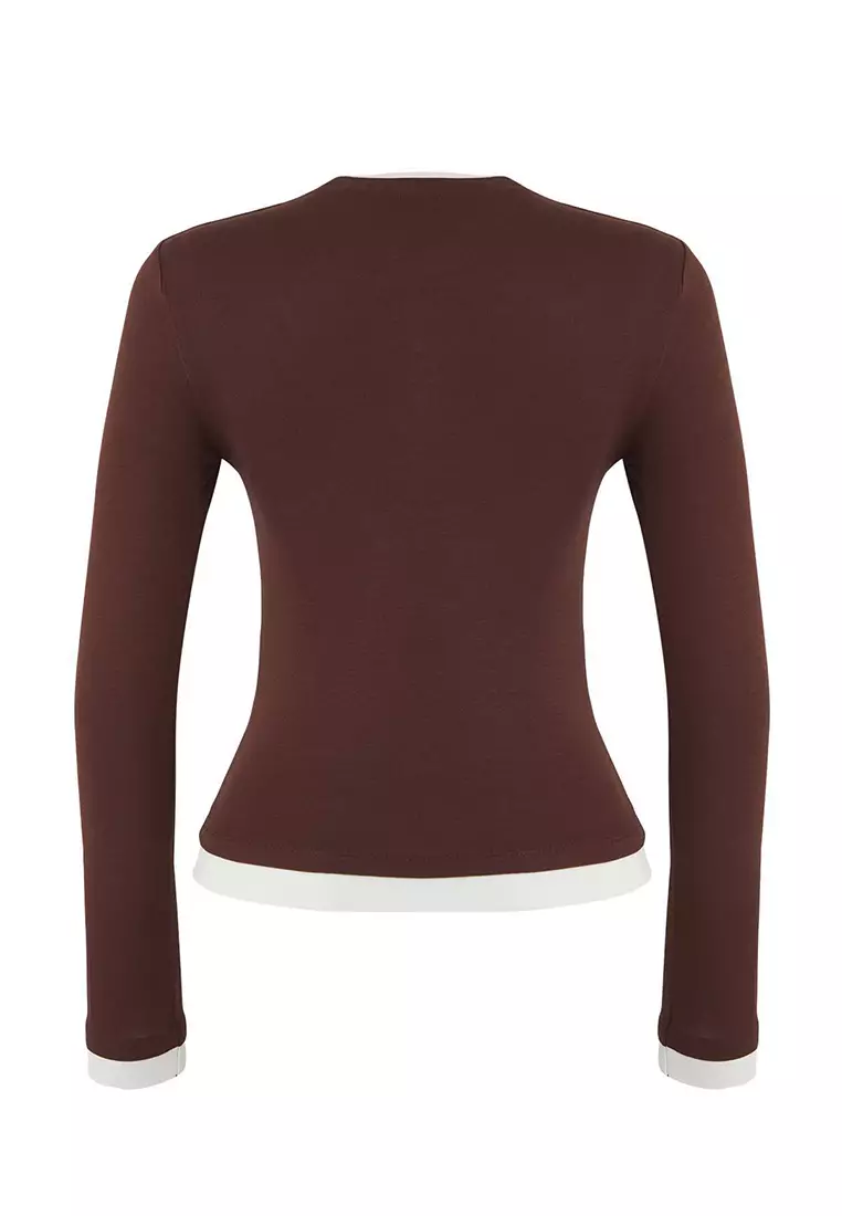 Brown Color Block Fitted/Body-Smoothing Viscose/Soft Fabric Flexible Knitted Blouse
